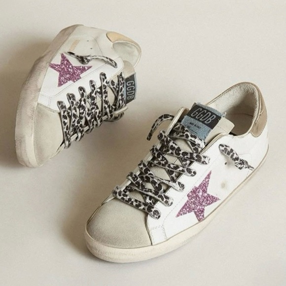 Golden Goose Pink Glitter Suede Superstar Leopard Laces Gold Heel Size 8 EU 38 - Picture 1 of 10